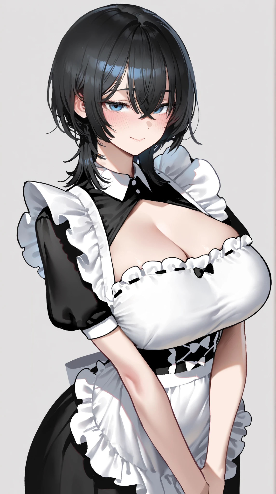 maid, voluptous, huge breast, short black hair, serious face, preparing tea, 