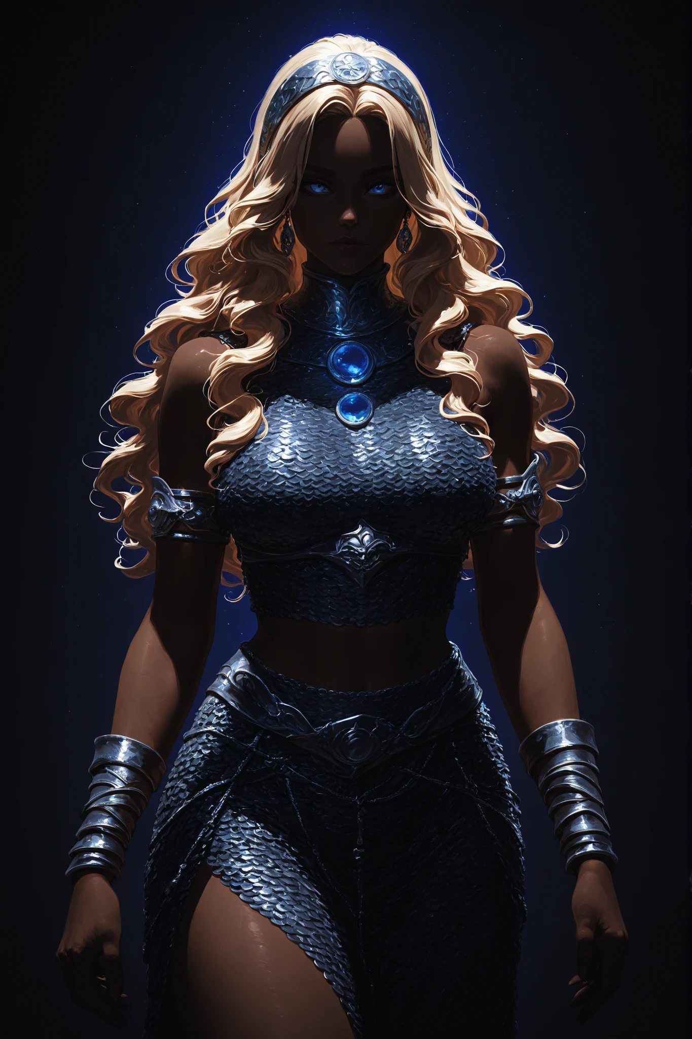 A woman from the Dune universe, blondie hair, dark skin and blue eyes like crystals