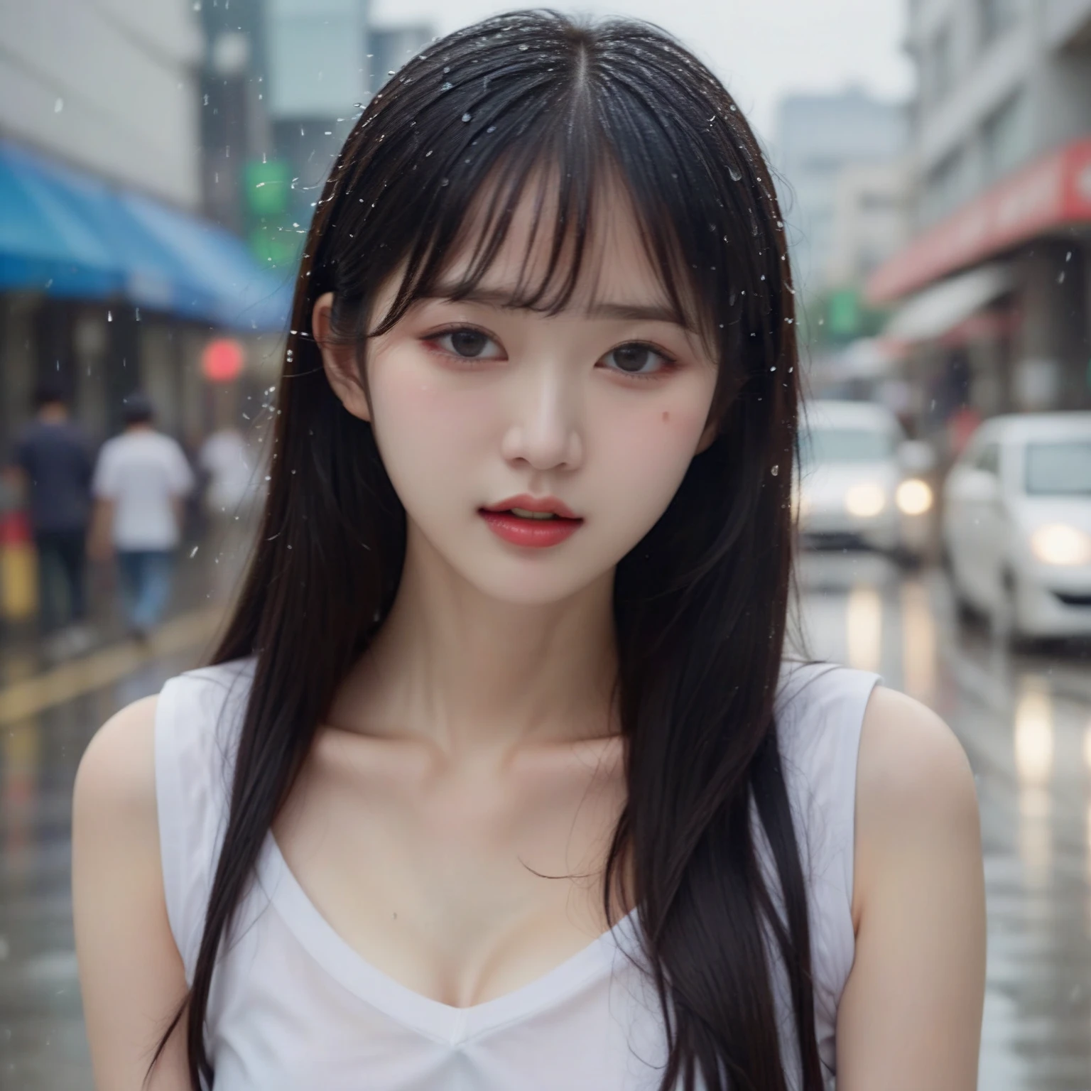 High-quality work,Realistic works,Super premium graphics,8K HD CG works(Beautiful and bold、captivating and enticing、blue eyess、long curly black hair、Sweaty body、big breasts,node,girl in the rain with a bus in the background, a photorealistic painting by Yanjun Cheng, pixiv, digital art, wet from rain, after rain and no girls, artwork in the style of guweiz, rainy wet, guweiz, pretty girl standing in the rain, trending on cgstation, under rain, just after rain, after the rain