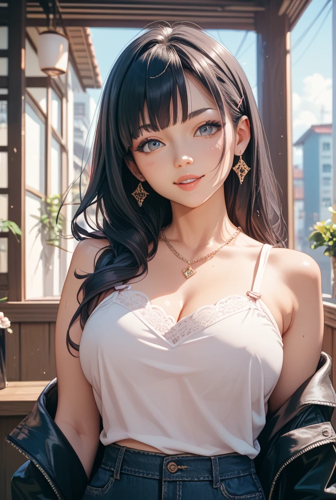 (1 front photo), beautiful face, Highly detailed face and skin texture, fine eyes, fine eyes, brown eyes, double eyelid, thin eyebrows, glitter eyeliner: 1.2, natural cheeks, shiny skin, white skin: 1.2, shiny necklace and earrings, (glossy lips: 1. 4), (enchanting smile), (20-year-old), (high ponytail, wavy hair, brown hair, diagonal bangs), medium long hair, ((upper body shot)), (Focus on the chest and face), medium to large breasts, perky chest, (at work)).