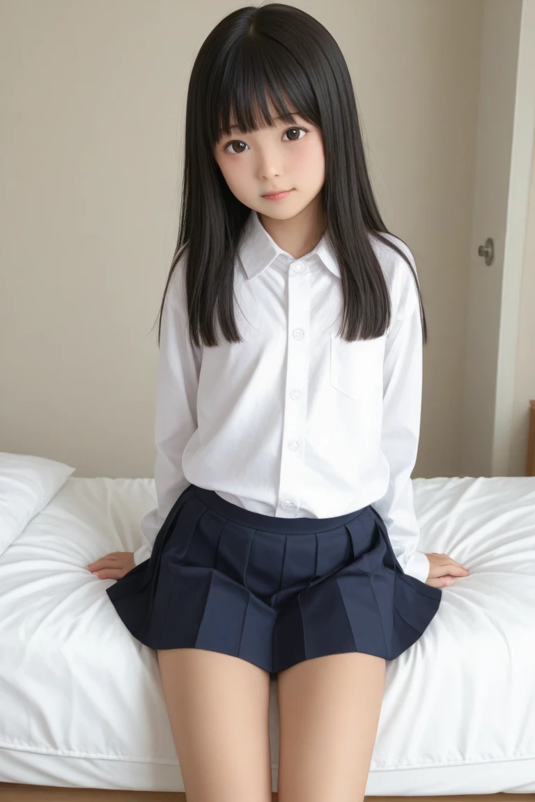 confused, Raw photo, very delicate and beautiful, masterpiece, highest quality, ultra high resolution, 32k, surreal, Super detailed, perfect anatomy, perfect figure, super dense skin, High Definition CG 8k Wallpapers, 20&#39;s, Very slim body, tight waist, thick thighs , detailed face, delicate features, tearful mole, earrings, thin legs, (little breasts:1.2), full body shot, 1 girl, (school uniform:1.2), (underwear:1.2), bragas,, (((big ))), ((5 year old american girl, long black hair)) europe girl, cute face, 5yo, girl 5 yo