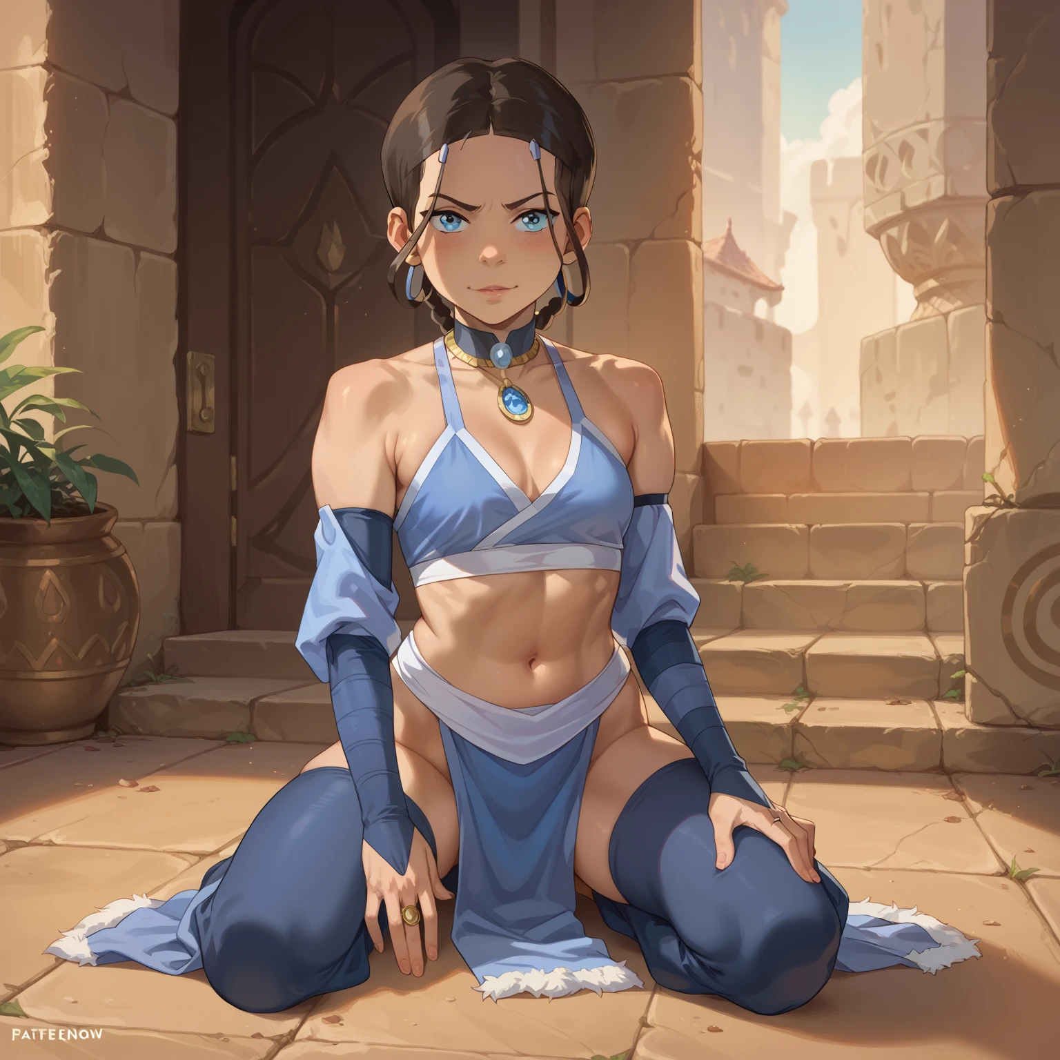 masterpiece, best quality, 1girl, katara, toned, dark skin, braid, jewelry, looking at viewer, tiny white thin bikini top, short white tennis upskirt, long legs, thigh high socks, sunshine, no panties, blue eyes