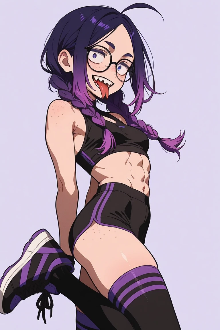 <lora:rosa_brawl-07:0.9>, (brawlrosa:1.2), dark skin, purple hair, 1girl, solo, smile, medium breasts, looking at viewer, black sportswear