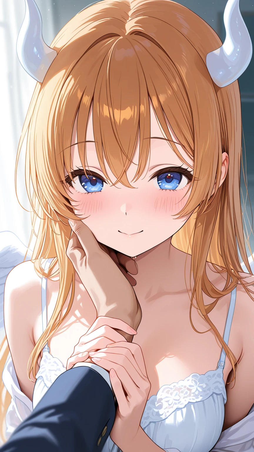 One girl,himesaki_Rinami,front,Large Breasts,G Cup,Subjective,First Person View,Red bra,Red underwear,Sexy underwear design,smile,Great style,Beautiful face,Red satin gloves,Wearing only underwear,Make eye contact with your audience,Highest quality,masterpiece,Giving a handjob with gloves,One dick,Is ejaculating,On the bed,Proud look,Face is close, Little devil look,look into your face,Small face,Brown Hair,The gaze of the viewer,Oblique angle,Face Enhancement,Making fun of me,Face is in upper position,Big eyes,Like a queen,Bondage,Holding a whip,