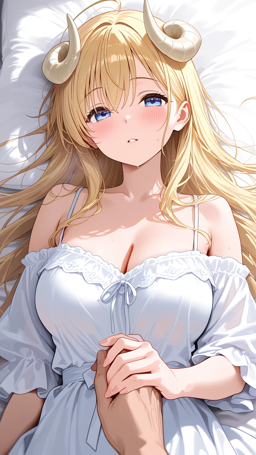 ((highest quality、High resolution))、unparalleled beauty、perfect body、beautiful ample breasts、Long blonde、bangs、embellished sexy dress、skirt、a sexually excited look、open your legs、((POV、Lying、、having sex))