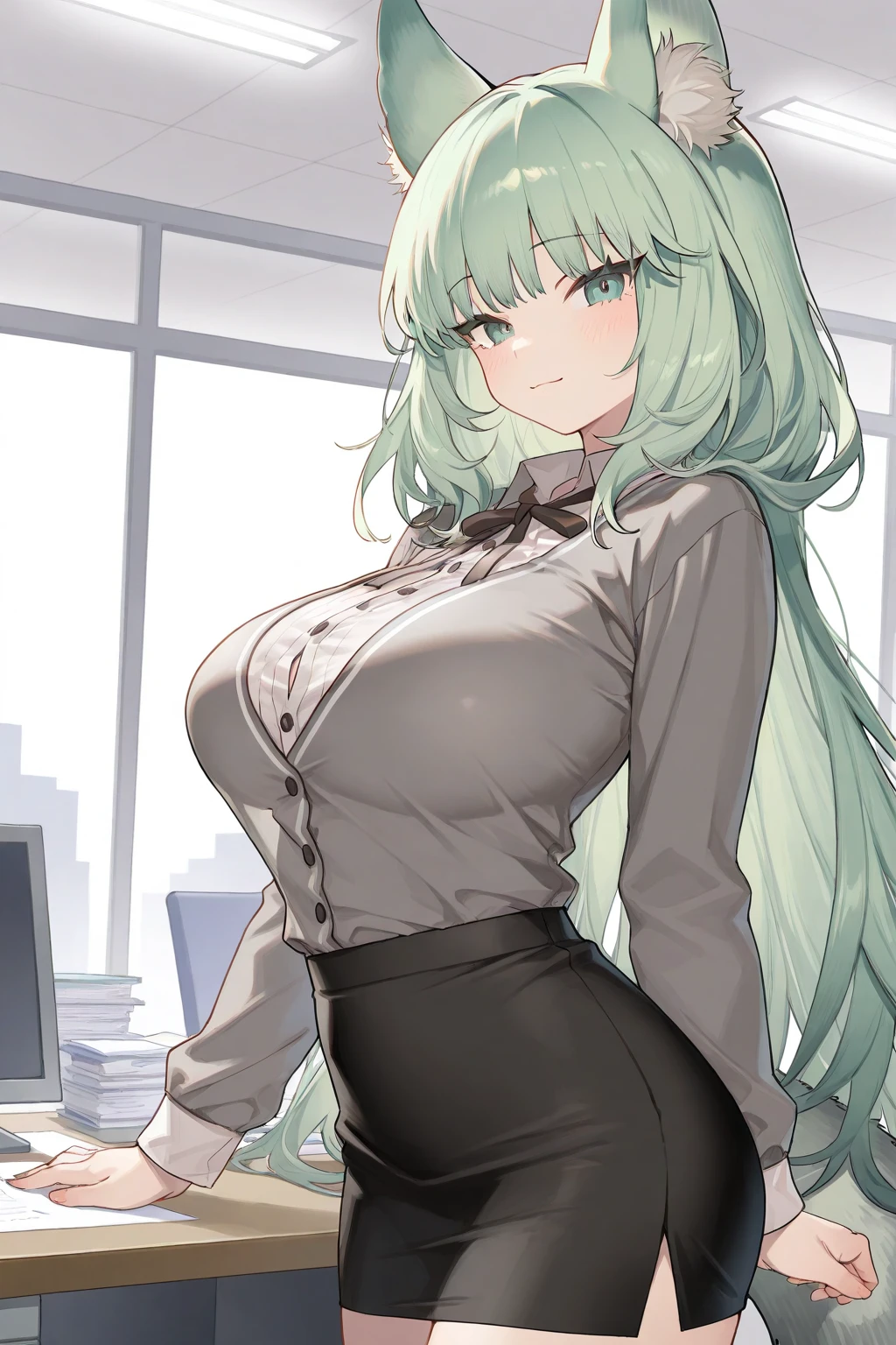 (masterpiece, best quality, very aesthetic, ultra detailed), intricate details, highly detailed background, perfect lightingbest quality, kokonoeshinobu, solo, indoors, office, office lady, green hair, swept bangs, long hair, yellow eyes, large breasts, See Through black jacket, open jacket, See Through blazer, See Through business suit, See Through white shirt ,See Through belt, See Through black skirt, See Through pencil skirt, See Through skirt suit, smile, open mouth, :d, pink lips, solo, nsfw ,nipple, See Through,

