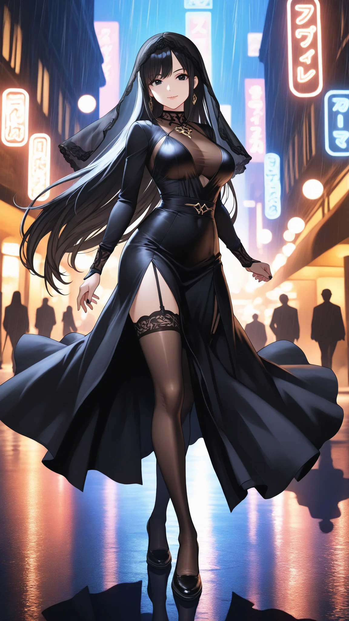 Digital art of a woman in a sleek, black gown with a plunging neckline and a high slit, standing on a rooftop at night,