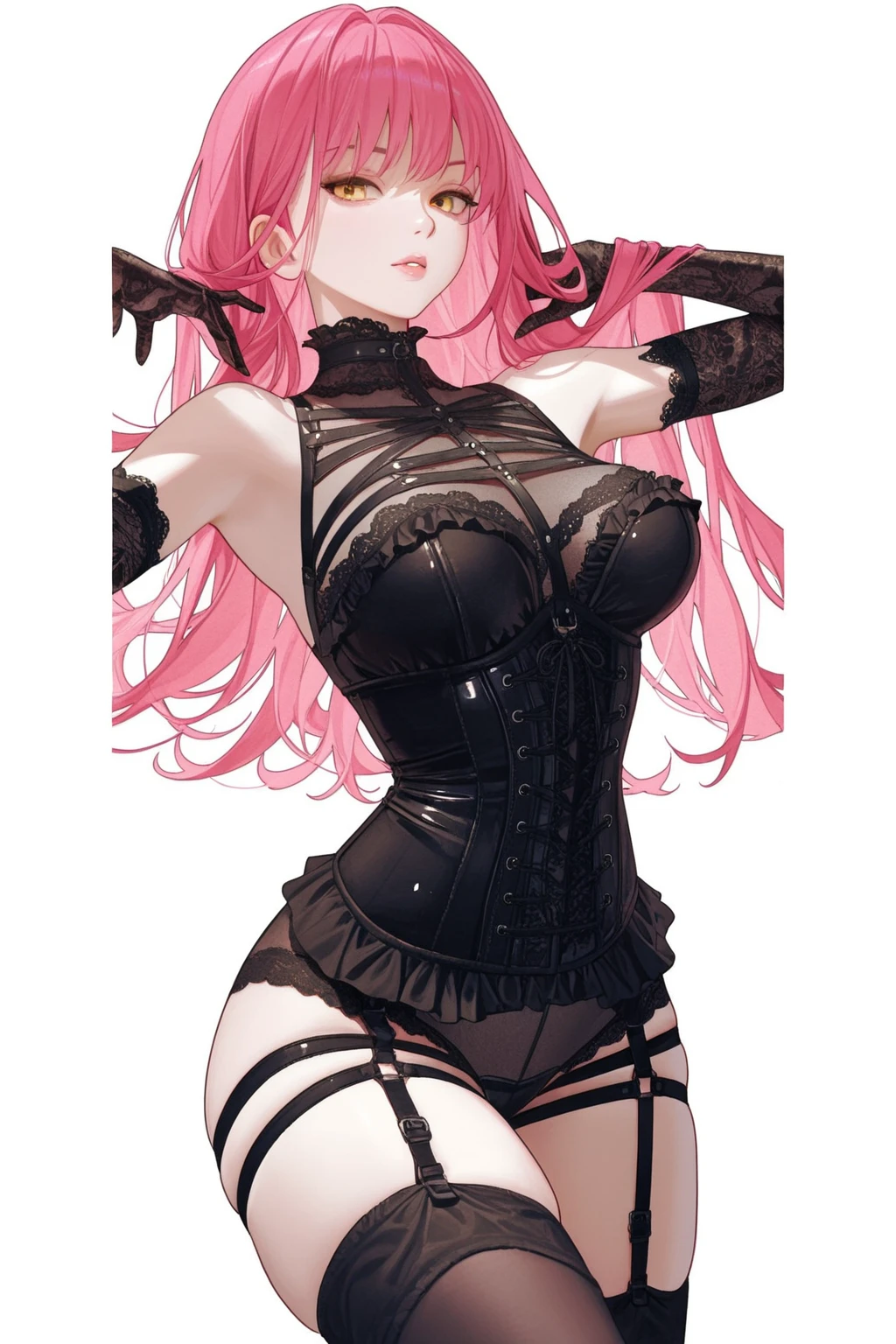 1girl, anime, cute girl, blank background, white background, fantasy, detailed fantasy dress with highlights, beautiful face, beautiful eyes, dark colors, pink hair with some streaks of blue strands, different color pupil in eye, medium small breasts (slightly big), slight cleavage, beautiful skin, cute, breast curtains, extremely delicate and beautiful, (beautiful detailed face:1.0), (detailed deep eyes), symmetrical breasts, deep eyes, shiny skin, portrait, slender waist, hips wider than shoulders, thighs, expressionless, young girl, luminous eyes, adorable,(Kpop idol),(aegyo sal:1),(Platinum blonde hair:1),((puffy eye)),Black panty,sexy posture,Superskirt, ultra high resolution,Black collar,slim figure, Abdominal y tattoo, womb tattoo,Tight-fitting leg ring,y tattoo on half-body,Bare skin, Armored hand,Hidden fingertips,Hand covered,Arm covered,Fist covered,{{beautiful detailed fingers}}, tufts of hair, moderate beautiful breast:1.0,
