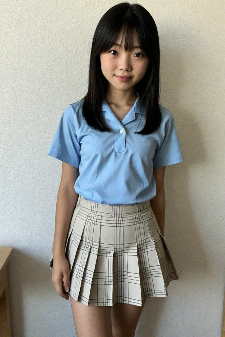 (8K),(masterpiece),(Japanese),(8-year-old girl),((Innocent look)),((Childish)),From the front and above,smile,cute,Innocent,Kind eyes,Plain T-shirt,Short sleeve,Blue checked short skirt,semi-long,Hair blowing in the wind,Black Hair,Somewhat strong wind,noon,bright,flat_body, low_teen, very_young, light smile, closed lips, beautiful detailed eyes, slender, small, junior_high_school_student, outdoor, sunlight, black hair, look ahead, full body, girl,shirtlift