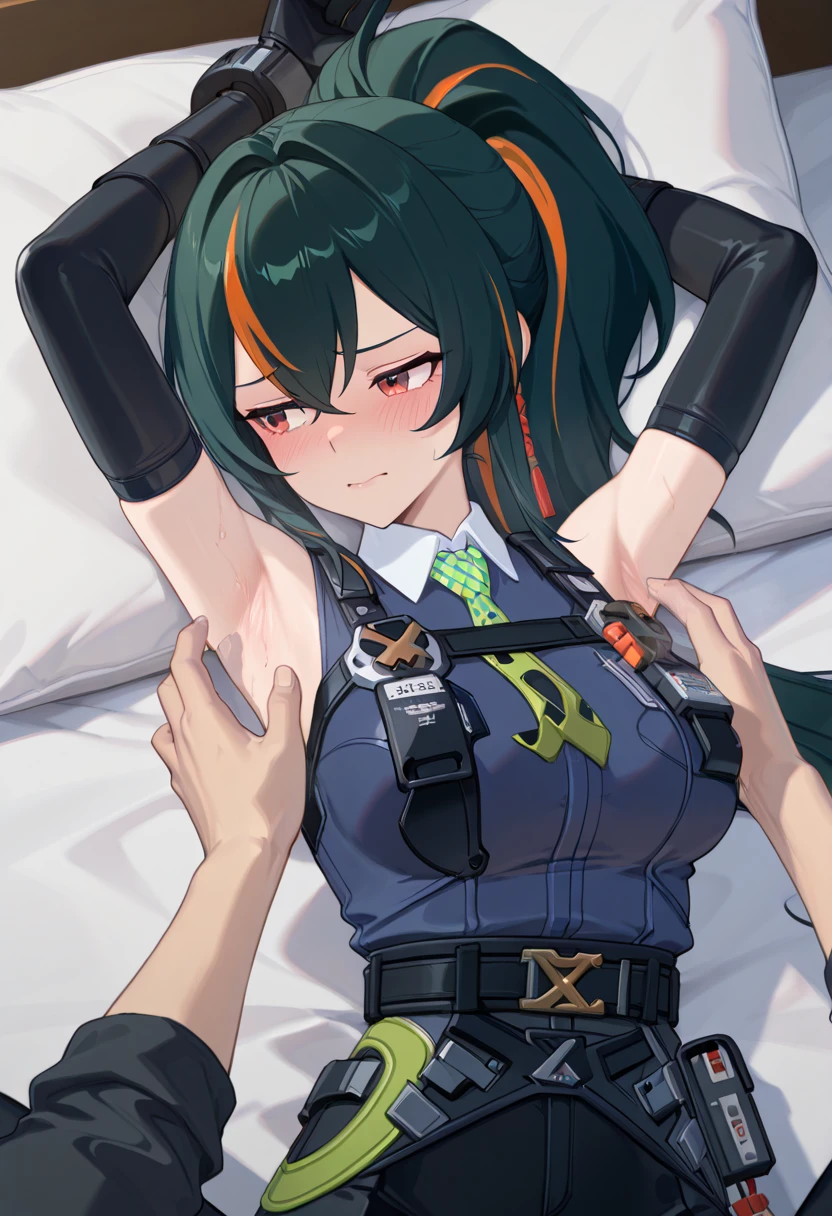 NSFW,Chinon 1,Fingerless gloves,Long sleeve,Short shorts,hair ornaments,Hair Clip,Green knee socks,Green jacket,Thigh straps,Embarrassed,blush,indoor,cyber punk,mechanical,(Perfect hands),(Perfect Anatomy),(masterpiece),(highest quality),One man,being molested by a man,caress,In heat,sexual excitement,Having sex,A sultry expression,Happiness,Lying down,Love Hold,Ahegao,Open your mouth、Sticking out tongue、Naughty face、