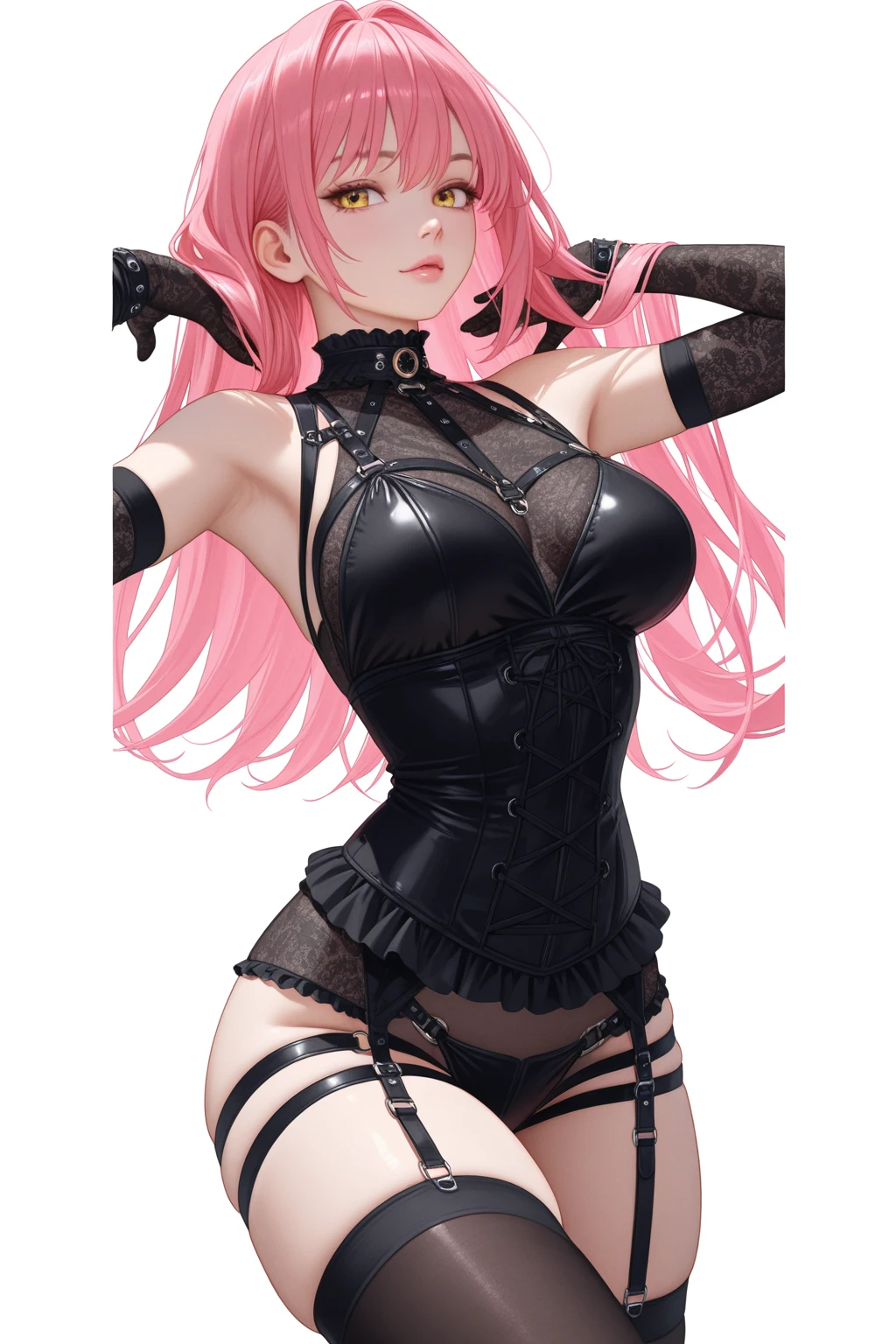 1girl, anime, cute girl, blank background, white background, fantasy, detailed fantasy dress with highlights, beautiful face, beautiful eyes, dark colors, pink hair with some streaks of blue strands, different color pupil in eye, medium small breasts (slightly big), slight cleavage, beautiful skin, cute, breast curtains, extremely delicate and beautiful, (beautiful detailed face:1.0), (detailed deep eyes), symmetrical breasts, deep eyes, shiny skin, portrait, slender waist, hips wider than shoulders, thighs, expressionless, young girl, luminous eyes, adorable，（Kpop idol）,（aegyo sal：1），（Platinum blonde hair：1），（（puffy eye）），Black panty，sexy posture，Superskirt, ultra high resolution，Black collar，slim figure, Abdominal y tattoo, womb tattoo，Tight-fitting leg ring，y tattoo on half-body，Bare skin, Armored hand，Hidden fingertips，Hand covered，Arm covered，Fist covered,{{beautiful detailed fingers}}, tufts of hair, moderate beautiful breast:1.0,