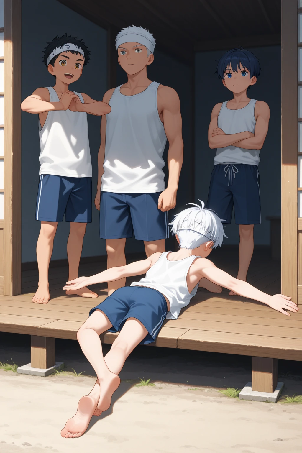 (2 people､Shota､((((Swimming Brief)))､Slender body､Upper body naked､wrestling、Full Body Everyone is wearing swimming briefs. Brief)))