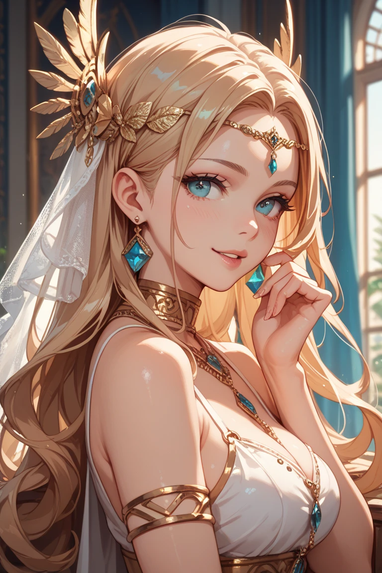 best quality,highres,ultra-detailed,realistic,portrait,beautiful detailed eyes,beautiful detailed lips,detailed face,detailed features,soft skin,rosy cheeks,natural makeup,feminine,seductive,graceful pose,long flowing hair,golden earrings,ornate necklace,glamorous outfit,vibrant colors,soft lighting,full body,big boobs