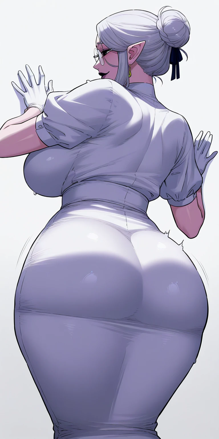 (best qualityer:1.3), tatsumaki, cleaveage, Attached, Tight and short shirt, g-string, short shorts, (ass pov, Close Shot), smiling, luxurioso, sexly, Curvy Body, rear view, Sample buttocks