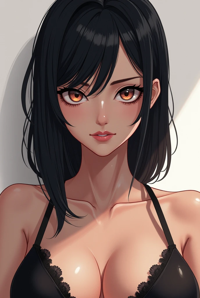 Award-winning papisenpaiart photo features a 25-year-old woman with a demonic fusion, bathed in a slate-gray atmosphere. Her hair is a deep, inky black, styled in a sleek, rebellious way that adds to her mysterious aura. Her eyes gleam with an otherworldly light, a stark contrast to the gray hues surrounding her.

The focus is on her chest, a dark, intriguing feature that stands out against the monochromatic backdrop. The detail is exquisite, every curve and contour depicted with precision. The lighting adds an extra layer of drama, casting long, dramatic shadows across her form.

Her att