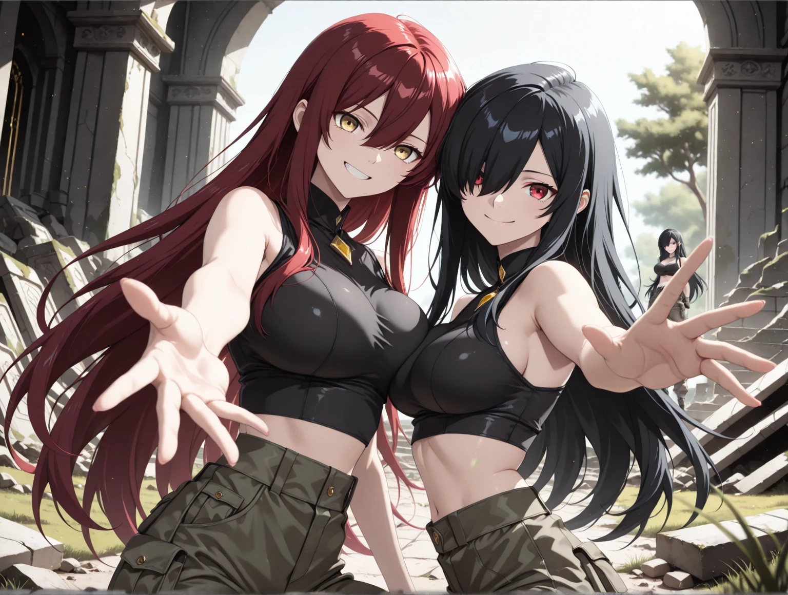 A girl with crimson red hair and maroon eyes with a black and red shirt that covers her whole torso and sweatpants and big breasts smiling and a background with volcanoes and fire