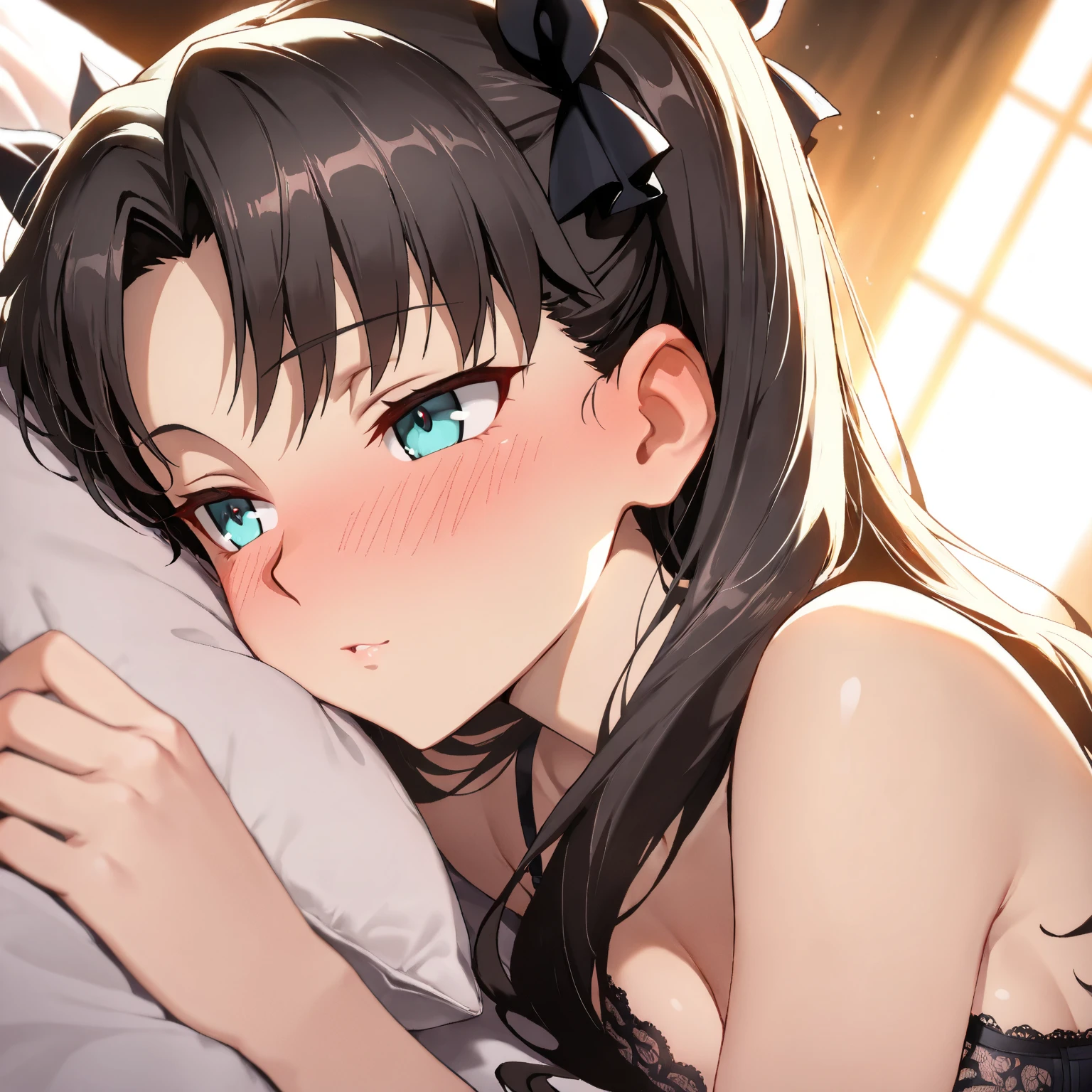 More in the bedroom at night,Holding a plate of tofu and looking up,Bring your face closer,He leaned forward and said,、Protruding tofu plate,Bring the tofu closer and smell it,Steam rises from the tofu,Eyes are hearts,Black blindfold,fluffy dark blue hair,Tie in a ponytail with a scrunchie,Plump boobs and cleavage,Lace underwear,garterbelts,happily face,which are full of confidence々Face,Pale red tide with many small stars shining in the back of the eyes,half-opened mouth,Drooling,