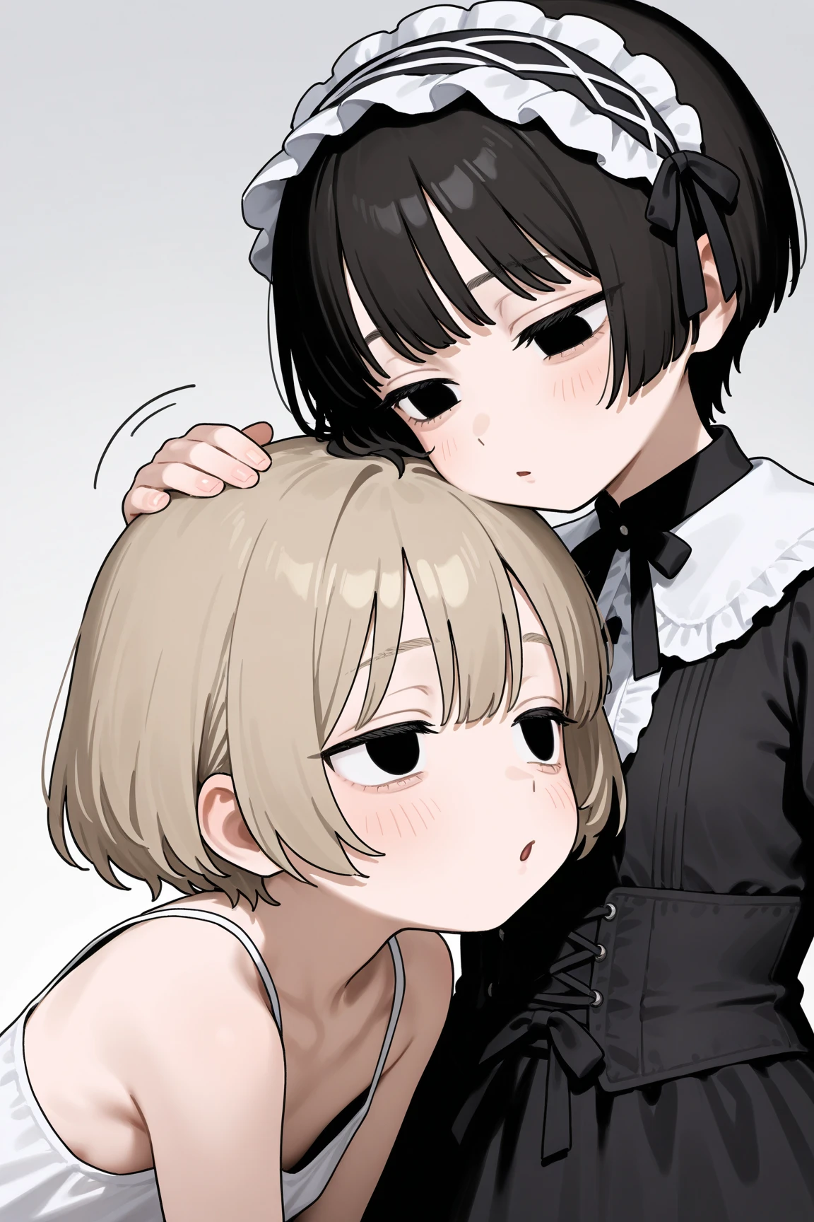 a boku no hero style character with black hair with blonde highlights, bangs, pink and black eyes, half dog seated