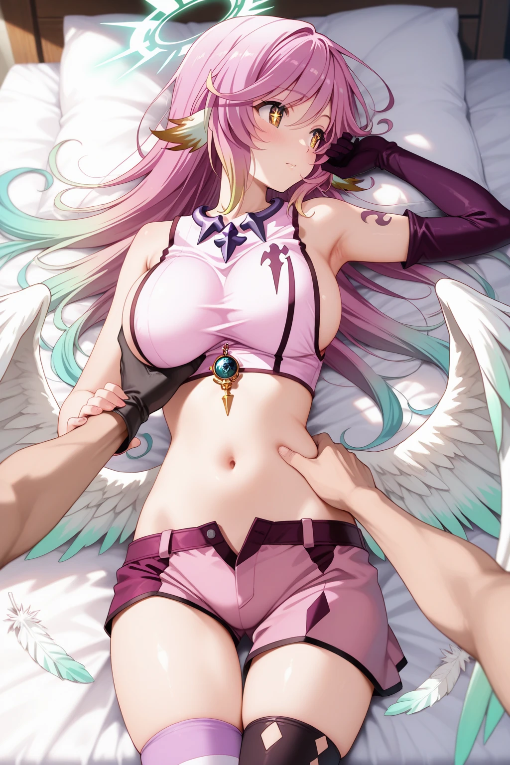 angel girl,((blue hair)),beautiful face,angel with white wings, smiling, fit body, big wet breast,wearing blue angel dress, (open mouth:0.4),illustration,detailed textures,ultra-detailed(realistic),portrait style,vivid colors,soft lighting. blue hair angel girl , small girl, one girl, blue angel dress, face on camera, tight shirt, show large chest, dark isekai, shy girl, pitiful face, face forward to camera, bent pose, asking pose, pink cheeks, half body, body on big chain, smile, blue eyes, no nails, pink blushes, lying on grass, very big breast, cleavage, wet breast, leg_up, lot of iron chains, anime girl leans forward, looking at viewer, slave collar necklace seductive anime girl, 8k octae render photo, cushart krenz key art feminine, 8k high quality detailed art, a sexy maid in a magical forest, anime girl with big breast laying on a bed in a room, anime goddess,