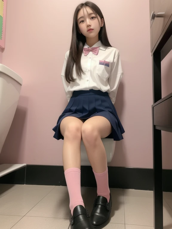 The only 14 year old high school girl、NSFW、Super detailed、High resolution、transcendental beauty highest quality、masterpiece、Please wear loose socks、Majimix Real、(RAW photo:1.2)、(Photoreal:1.4)、Beauty in the beautiful details、and delicate expression、In a private toilet at a Japanese high school、(Uniform torn、I can see the nipples:1.5)、blonde、(disheveled short hair:1.5)、((you can see me))(squat)、eyelash、sparkling eyes、glossy lips、beautiful and detailed eyes、((Japanese high school girl))、very detailed expression、highly detailed face、movie writing、positive、((dynamic pose))、((open stance))、(Skirt torn、I can see your pussy:1.5), pleated skirt、 (Accurately represents the shape of the female genitals:1.5), (Detailed depiction of the labia minora, vaginal opening, Detailed depiction of the clitoris:1.5), (open your legs wide:1.8), (sit in the toilet:1.8)、(Limb restraint:1.5)、(Aphrodisiacious expression:1.5)、(No panties:1.5)、thin legs、Lustful