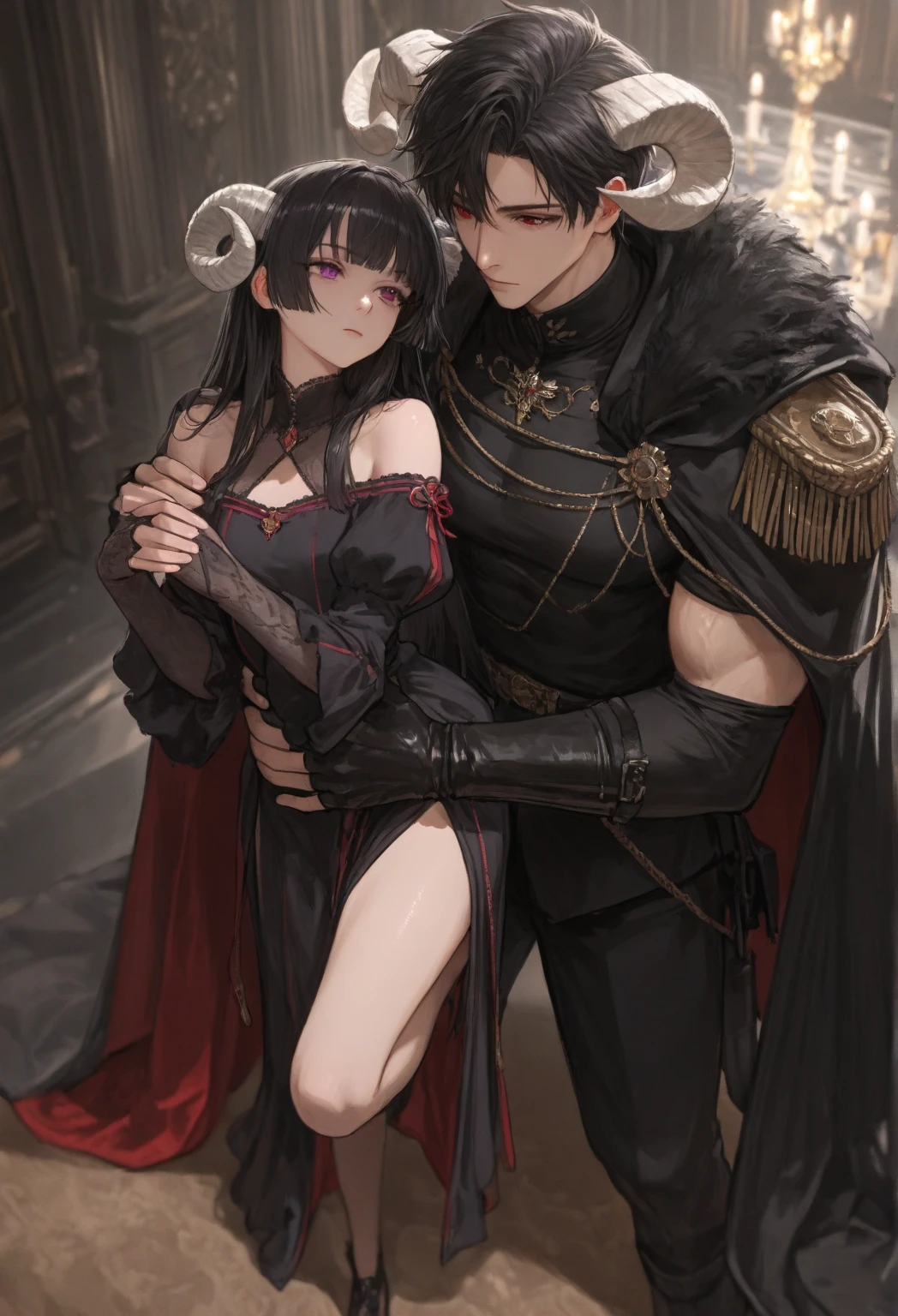 (((a man and woman couple posing dynamically, each one with their respective Lora)))At the heart of an incredibly realistic work of art., The neocruz man, or man , Midway transitions under the cover of night.. His muscles ripple and long black hair with a Count Dracula-style beard. , beautiful hugging woman.. He finds himself before an adult vampire junkotvv woman with (cat ears)., Her sleek leather outfit hugs her curves in a seductive way. its length, cabello negro con cat ears cae en cascada por su espalda, covering his face while putting up fierce resistance.. The captivating scene comes to life through fantastic realism., with every detail meticulously represented for the best sensory experience at night and under a full moon, on the outskirts of a gothic style castle.