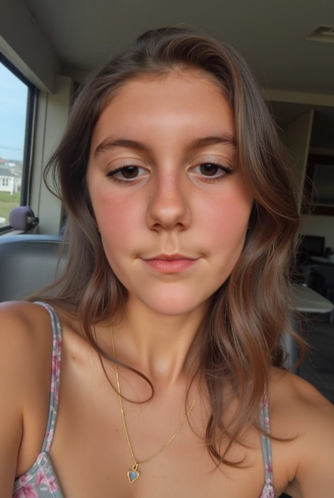 Create a picture of a twenty-year-old girl. ((Have a natural and attractive face)) (Her hair should be blonde with brown stems) (Long hair) (Her eyes are a natural light color) A charming smile on her lips and in a beautiful house with a light background. His face lit up. The girl should not look at the camera. Her image should be fully displayed (girl with light makeup) without retouching and effects. Wear summer clothes. (very high accuracy and image quality)