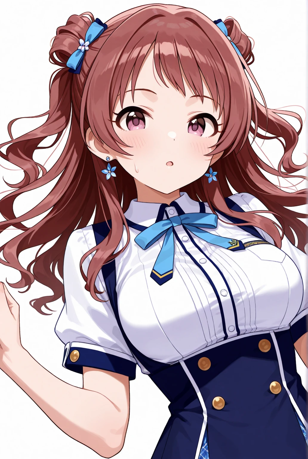 <lora:tsukioka kogane:1>, tsukioka kogane, 1girl, skirt, breasts, brown hair, solo, large breasts, long hair, smile, blue skirt, shirt, open mouth, blush, looking at viewer, bracelet, see-through, white background, jewelry, simple background, bra visible through clothes, bangs, tied shirt, brown eyes, ponytail, bow, hair bow, underwear, blue bow, collarbone, thighs, white shirt, bra, :d, sleeveless
