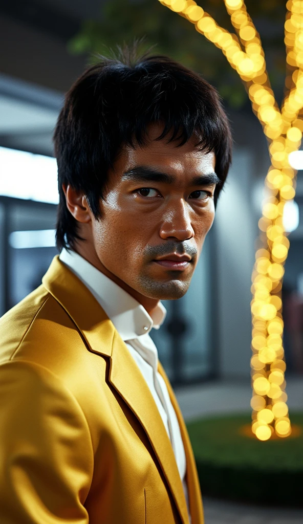 A close-up of Bruce Lee, with an expression of intense concentration, betting at a casino table. He is throwing a handful of colored chips towards the camera, with some blurred pieces in the foreground to give a sense of movement. The lighting is dim, with neon lights reflecting in their eyes and on the chips. At the bottom, you can see the hustle and bustle of the casino, with other gaming tables and people celebrating. photorealist