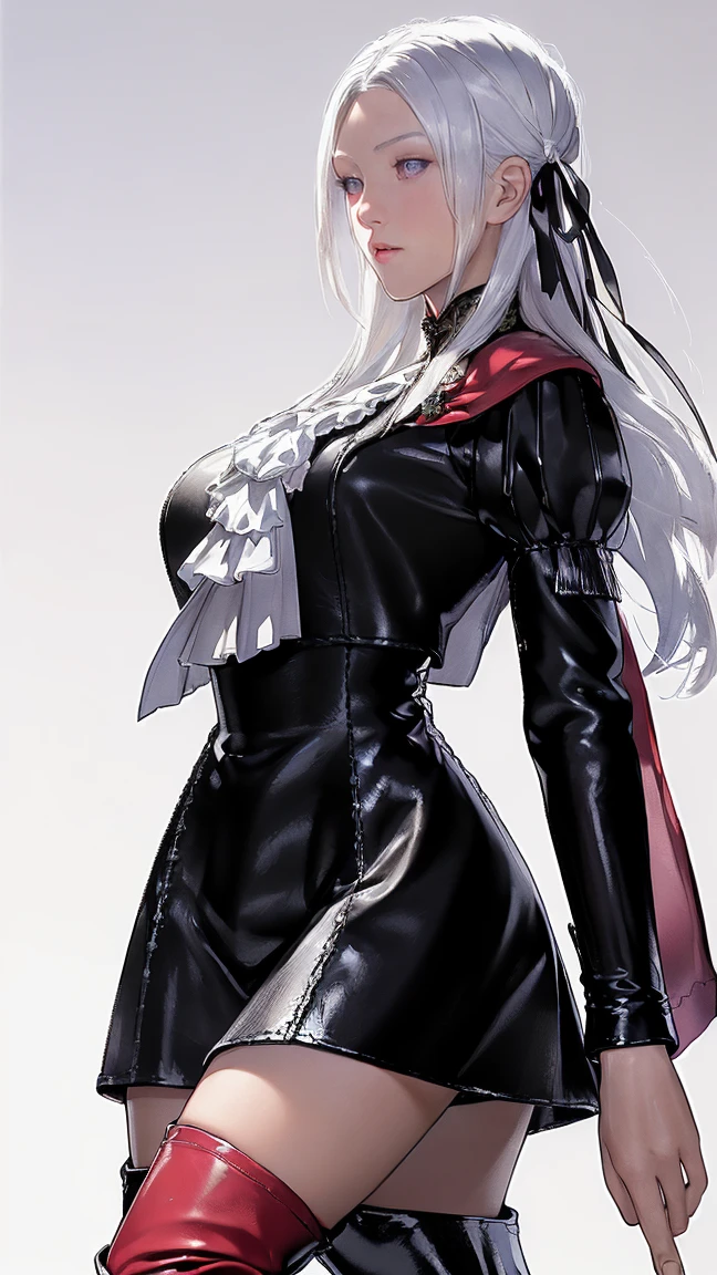 gladiia hairstyle, outfit-gladiia, 1girl, red eyes, pointy ears, solo,  sitting,looking at viewer,white pant, simple background, white background, long hair, grey hair<lora:outfit-gladiia-pynoise:1.1>