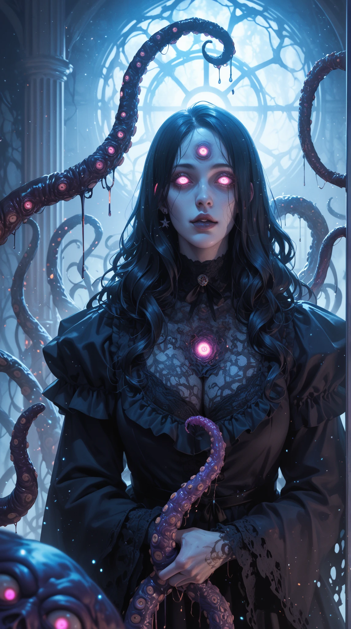 drkpny, score_9, score_8_up, score_8, goth woman, black tentacles, vibrant, very beautiful, black hair, black lace dress, pretty girl with long hair, realistic