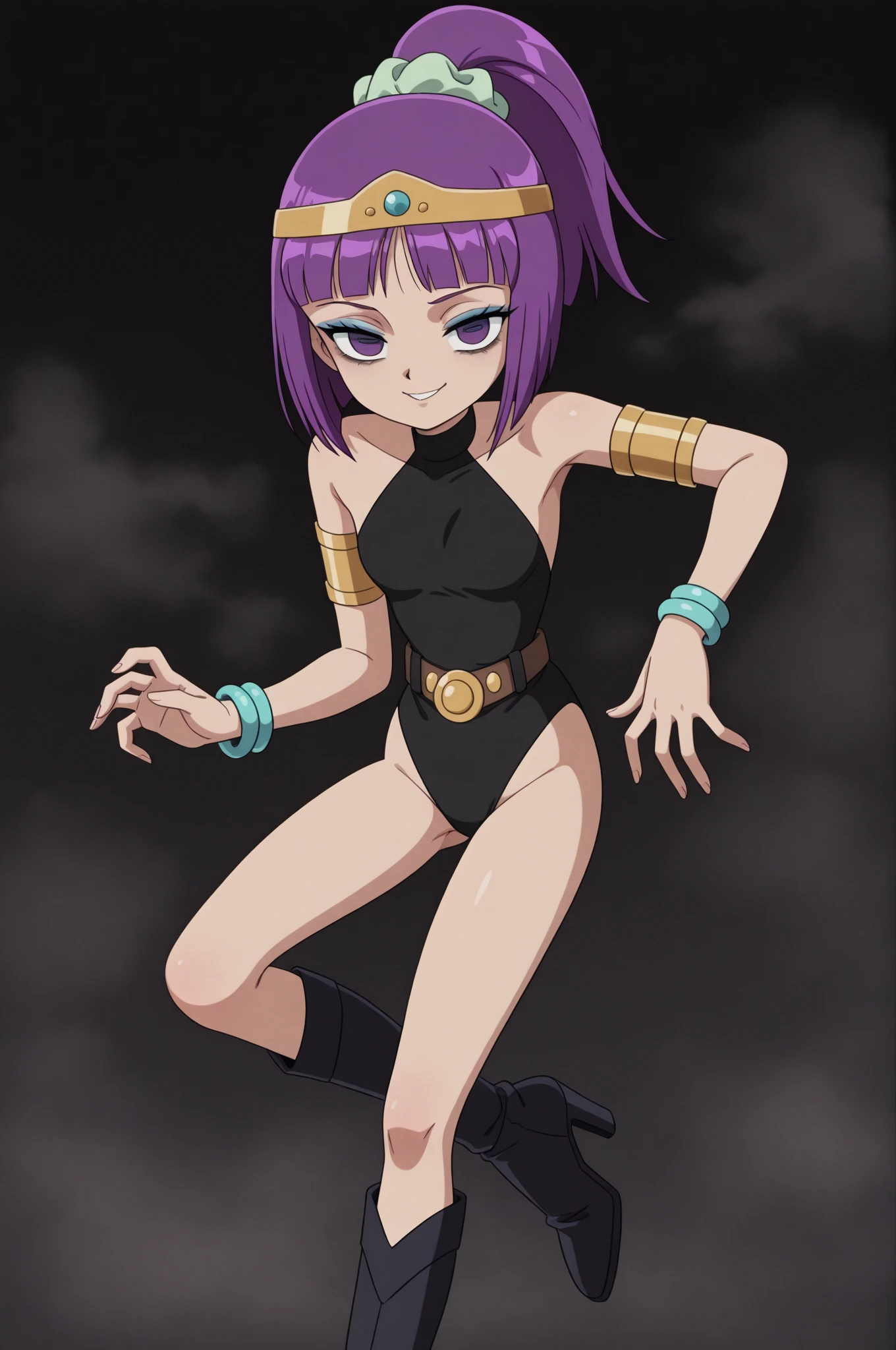 masterpiece,
matilda_fiship_new,<lora:matilda_fiship-43:1>,
1girl, solo, looking at viewer, simple background, red eyes, white background, dress, animal ears, bare shoulders, cowboy shot, blue hair, tail, teeth, cat ears, dark skin, blunt bangs, medium hair, dark-skinned female, cat tail, strapless, colored skin, bandages, sharp teeth, monster girl, slit pupils, colored sclera, black sclera, bandaged leg, smile