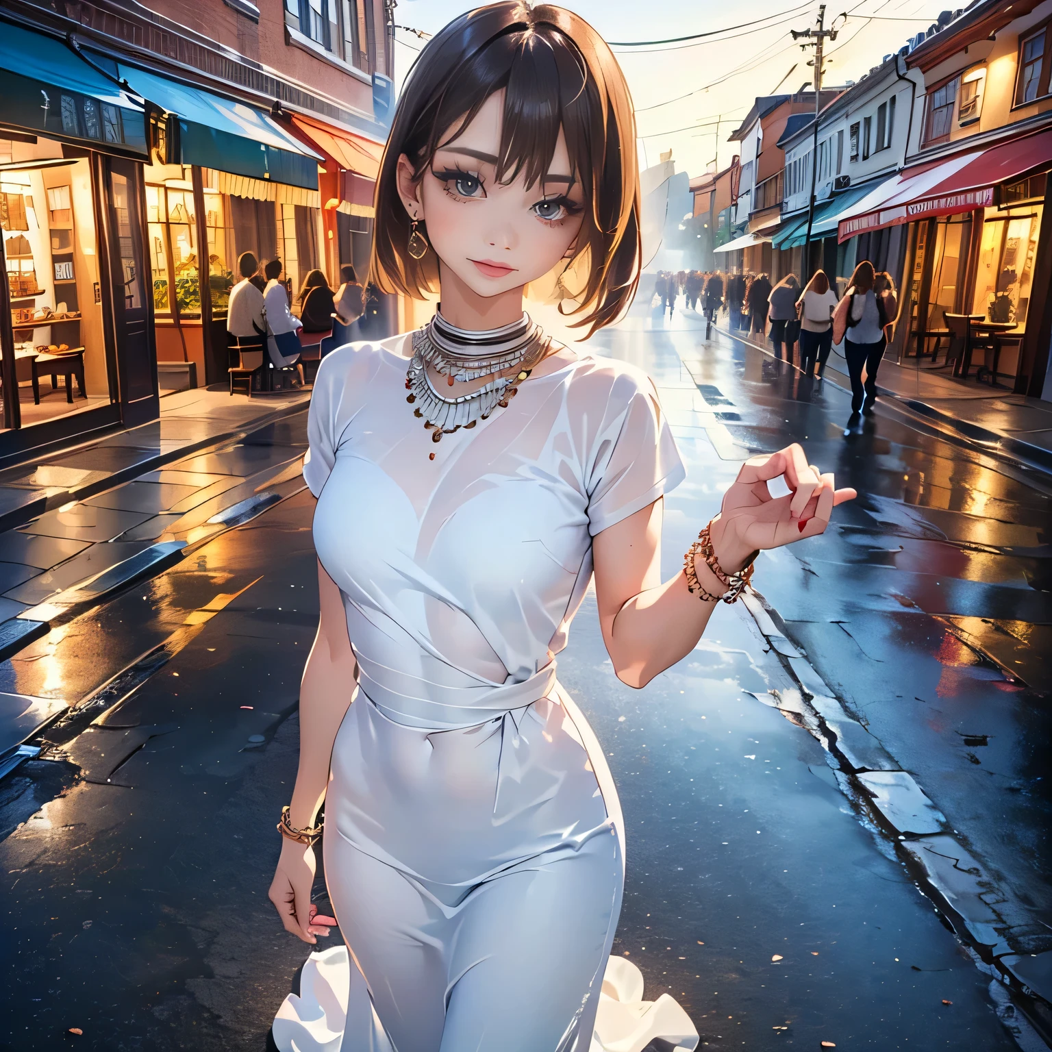 top quality, Very Detailed, masterpiece,(perfect women's body),very pretty eyes,(PERFECT MAKEUP:1.1),fashion model,Medium Bob,ash brown hair:1.3, extremely thin body, long dress with overlapping drapes,full body portrait,(glossy skin),(earring),reaching for camera,