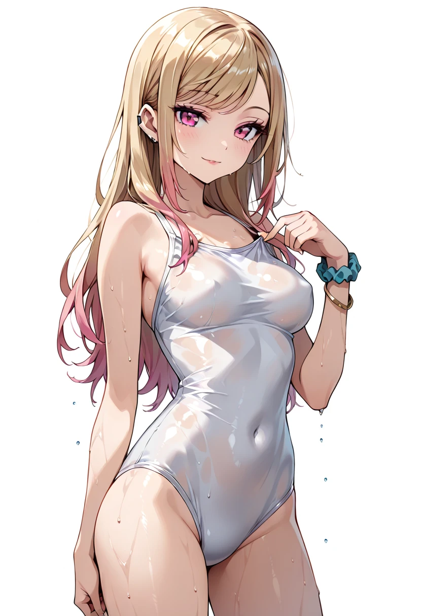 (young girl ,short stature,gyaru) ,flat chest,nsfw,big head, rotund.see-through one-piece-swimsuit,, hands on hips, long wave hair 