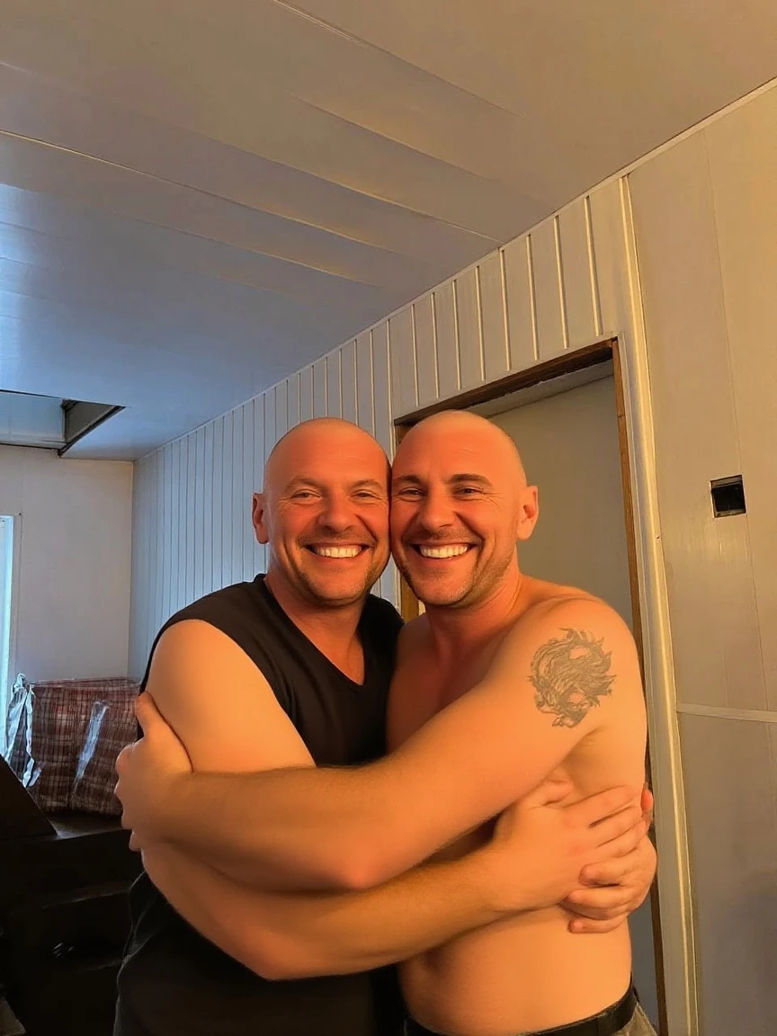 fftaker, 1man, (urethra), precum, foreskin, precum drip, from above, [male], sweaty, sweat, dominant, indoors, looking at viewer, smirk,((2heads)), red hair, brunette,fat, big belly,facial hair,blonde