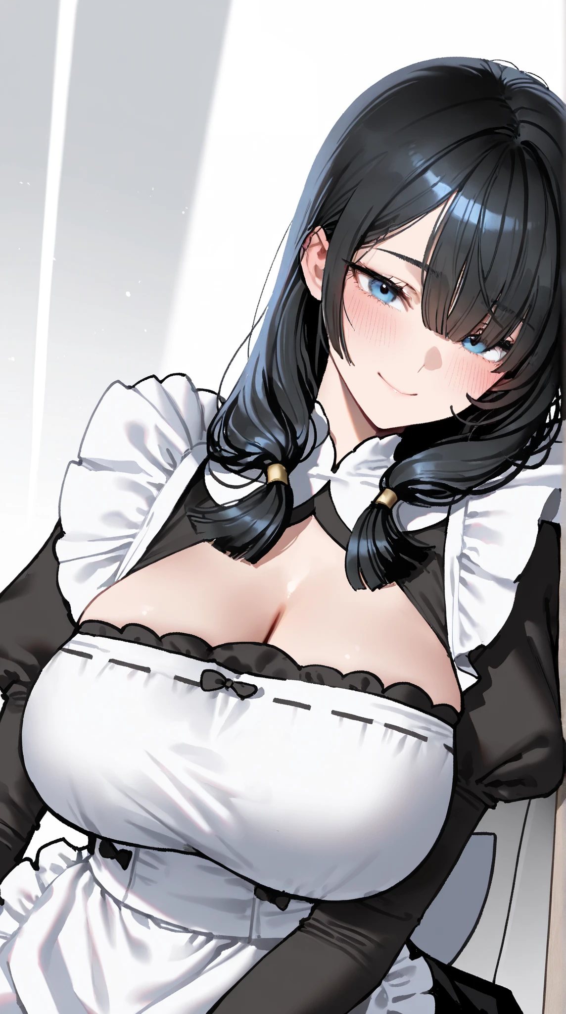 score_9, score_8_up, score_7_up, score_6_up, score_5_up, score_4_up, hot mature milf waitress,black hair, glossy lipstick, tattoo ,curvy ,body charm, teardrop earrings , jawline , wavy hair,black eyes, face,blushing,hair between eyes,maid dress, cleavage ,cute smile on face,