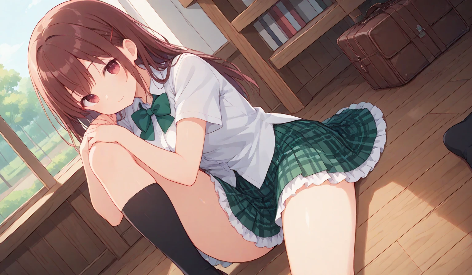 (masterpiece, Highest quality), (((Perfect Anatomy, Anatomically correct))), ((1 Girl)), Long hair, Braiding、Blunt bangs, Light brown hair, happiness, Green Eyes, hair ornaments, School_uniform, short_Dispel, just_feet, blue sky, window, Front view, Insights,The body is slim, Compresses on the chest, ((Beige cardigan,Green pleated skirt、Blue Neck Ribbon、White knee-high socks)),Pastel colored pantiesが見えている、((Pastel colored panties))、((Shiny panties))、((Normal location:1.4))、(((Straddle))),((feetを開いて座らされた…))、((orgasm:1.6)),((((M-shaped legs:1.1))),((Lift up your shirt:1.5)),((Showing off your bra)),(((Lace bra))),Award-winning bra designs、Random Color Bra、((((M-shaped legs:1.1)))、((orgasm:1.3)),((((M-shaped legs:1.1))),(((Sex with a man))),(Vagina Penis),Erotic atmosphere,Stupid,shortness of breath:1.6,((Pussy juice:1.3))