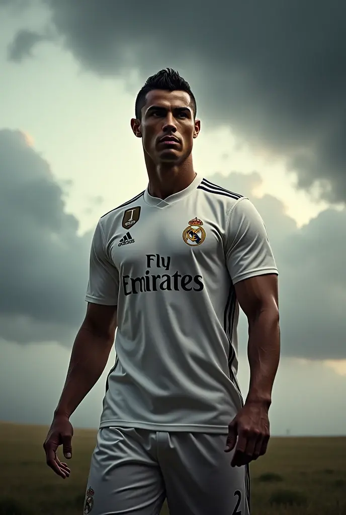 A photo of Cristiano Ronaldo pointing to the sky, wearing the Real Madrid away shirt for the year 2018