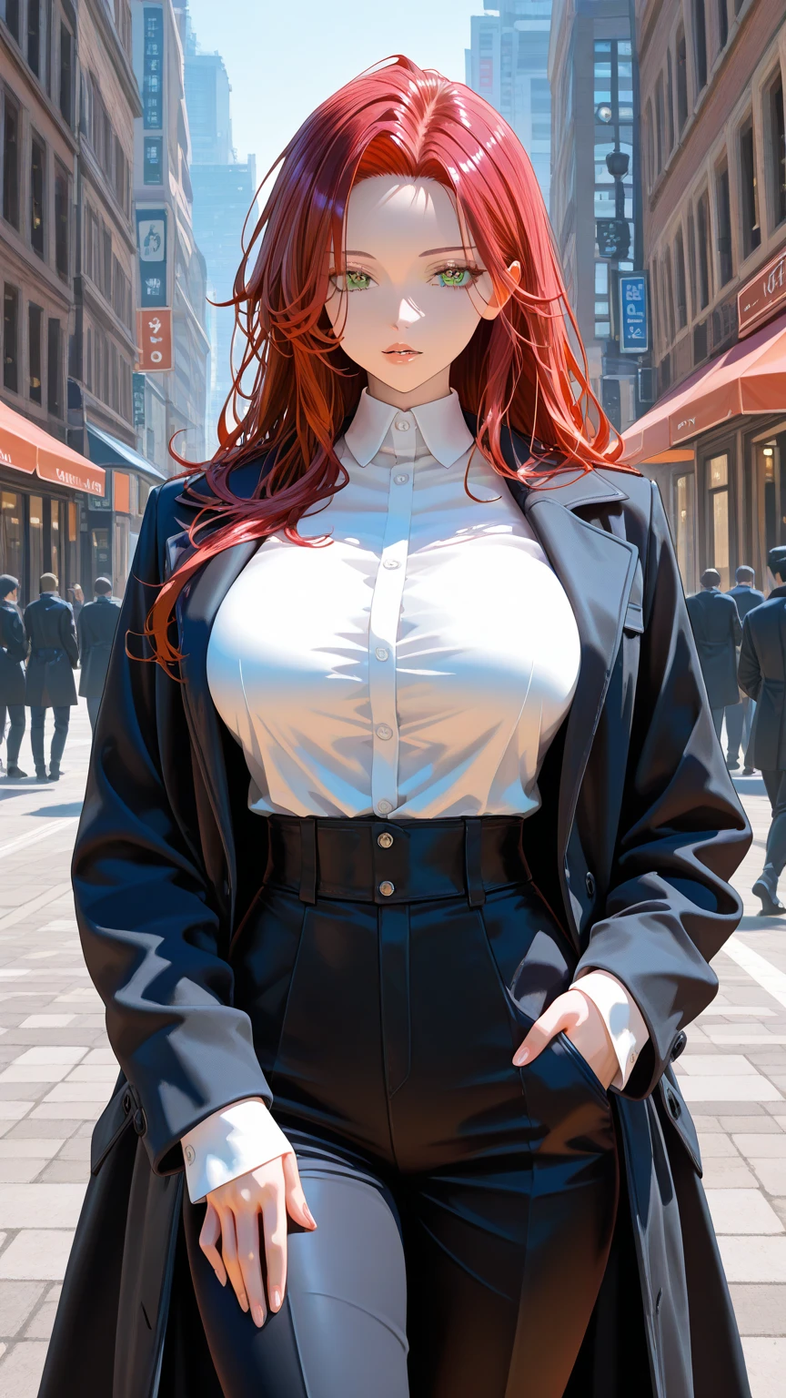 Masterpiece, Best Quality, looking at the viewer, in front of the viewer, 1 woman, (big breasts:1.2), sexy body, thin waist, Attractive front curves, round and soft chest, disgusted face, evening, Heavy Rain, outdoor, City, crop top, (white long sleeve collared shirt:1.4), (shiny black leggings), blood marks, Dark alley, blood splattered on the floor, bright red light, bright Eyes, depth of field, holding a sword, Red Sky, Atmosphere, perfect hands