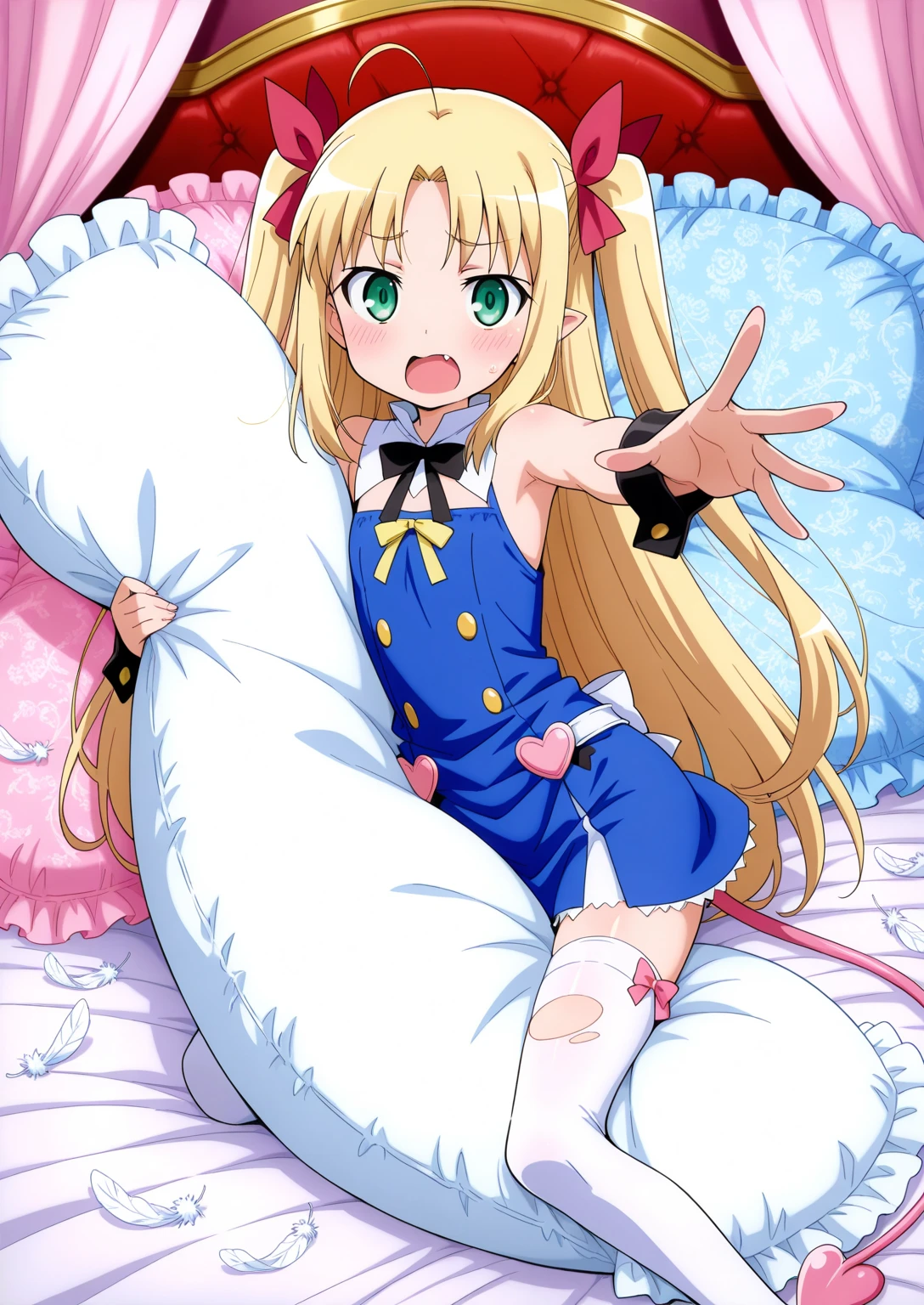 eqlc, 1girl, long hair, solo, strapless dress, skirt lift, white panties, blonde hair, crown, blue eyes, hairband, looking at viewer, white gloves, small breasts, flat chest, covered navel, bow, black hairband, detached sleeves, bangs, mini crown, detached collar, a surprised face, , open mouth, facing viewer, looking at viewer, nose blush, blush, in the bedroom, on the bed, lie down, lying, hands up,spread legs
