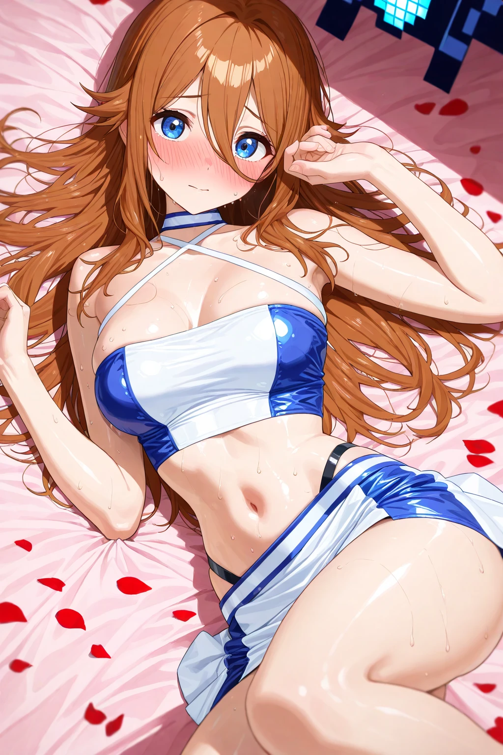 love live!, kousaka honoka,(beautiful detailed blue eyes), solo, (dynamic pose), 1 girl, open legs, sexual arousal, sexual expression, anime, bodysuit, ,big breasts, game console, game controller,television, playstation controller, bookshelf, gamepad, indoors, poster (object), book, pillow, bed,headphones,lying, tissue box, dice, parody, bulletin board,sitting, twintails, breasts cutout, navel cutout,cum string, cum on face, taking a on her face