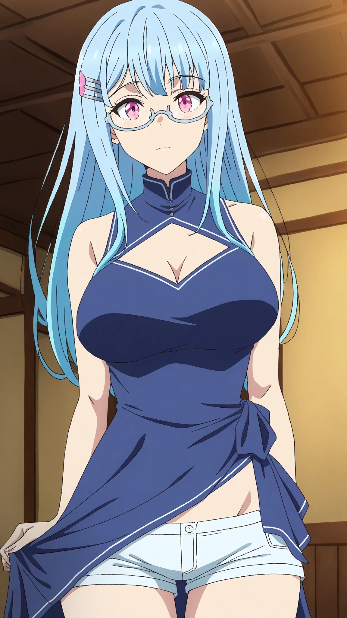 (artwork, best quality) a girl with long blue hair, blue eyes, blue eyelashes, white Japanese kimono dress, perfect body, pretty eyes, good waist, big breasts, tattoo, upset, smiling, slanted eyebrows, standing, at a fair, at night