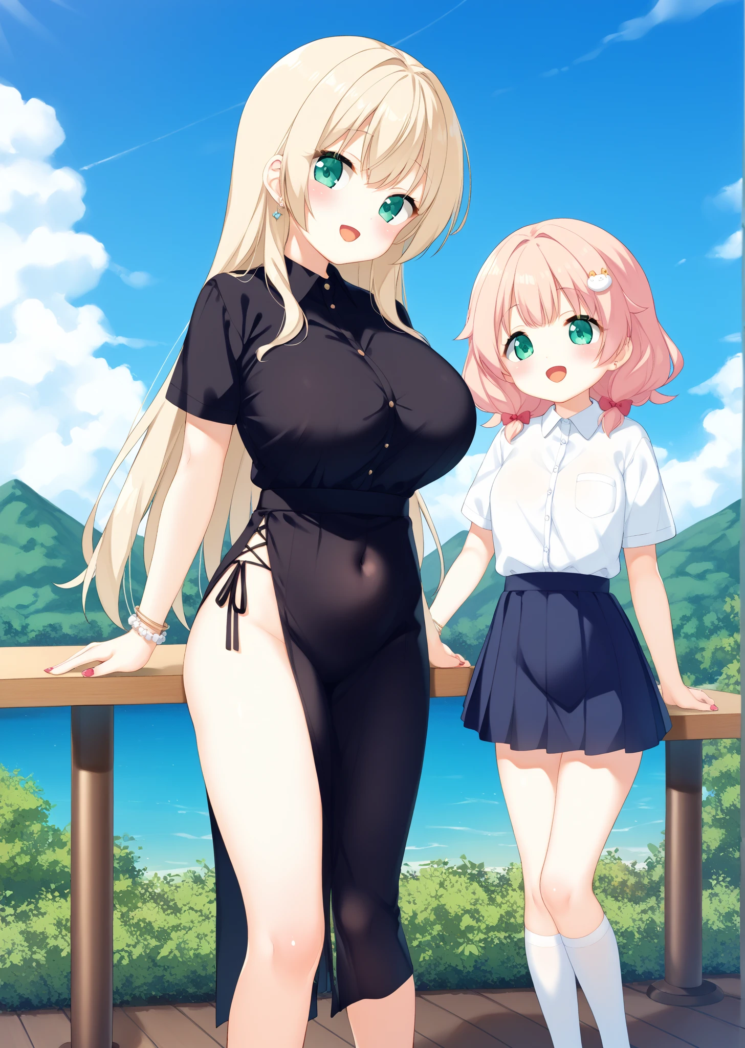 master-piece, bestquality, 1girls,16 years old, View viewers from front, HD, slight smile, massive tits, cleavage, under , tights cloth, , tiny body, under tits cleavage, look down, stand up, wide hips, mimosa vermillion, brown hair, (green eyes:1.5), blunt bangs, bangs, medium hair, wavy hair, on her kneel, wear glasses, open mouth,