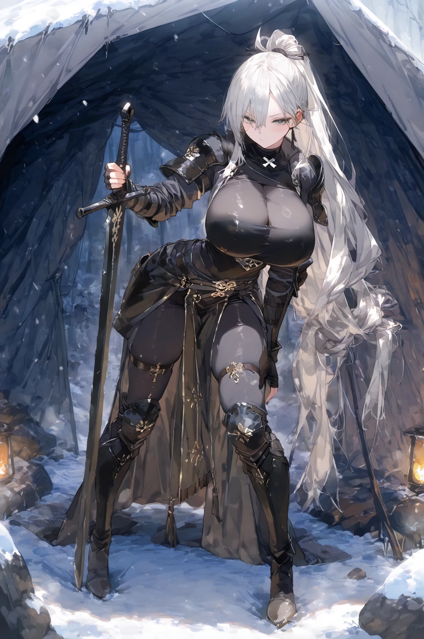 1girl, white hairs, red eyes, vampire, black adventurer armor, lake, night, campfire, sitting on ground, massive breasts, long hair, fluffy hair, pale skin, wide hips, massive hips