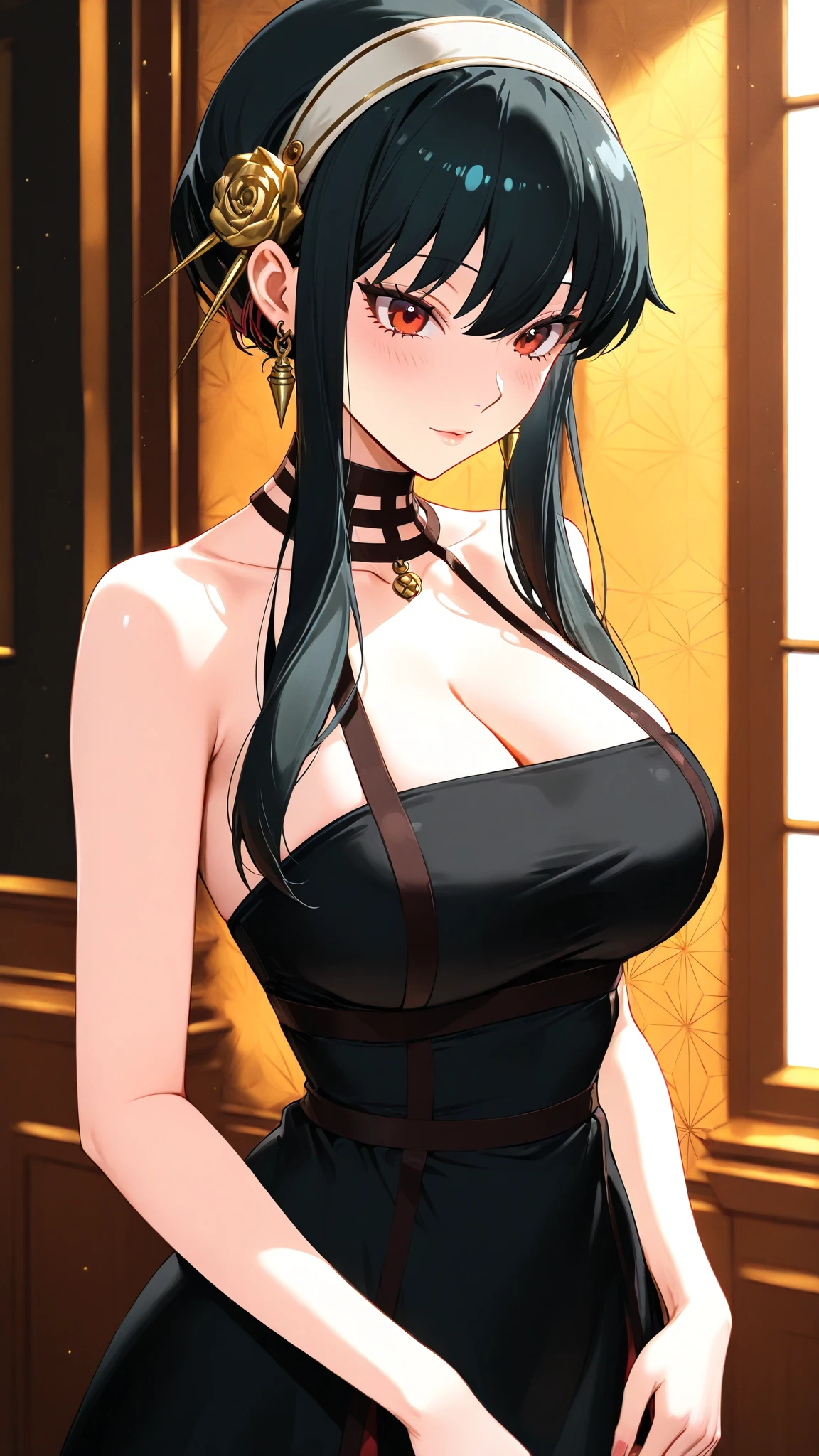 yor briar, 1girl, bare shoulders, black dress, black hair, breasts, closed mouth, dress, earrings, flower, hair flower, hair ornament, hairband, jewelry, medium breasts, long hair, looking at viewer, red eyes, sidelocks, sleeveless, solo, upper body, in room background, ((masterpiece))