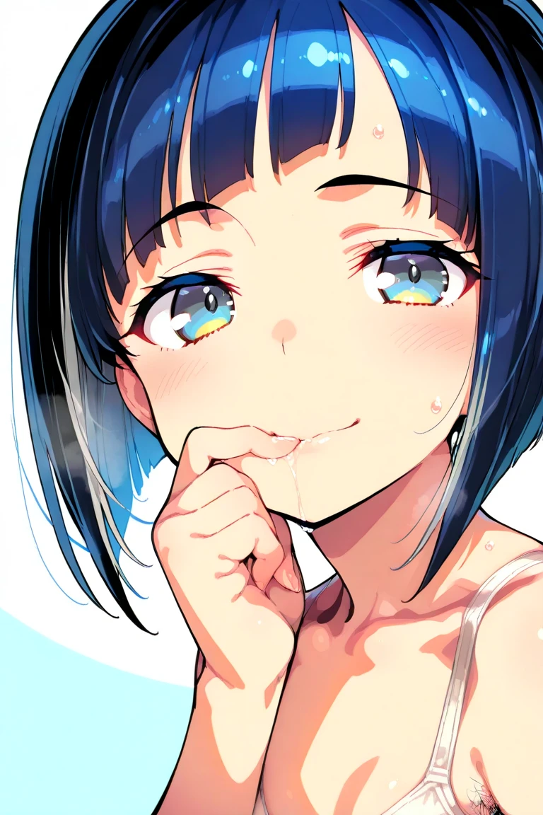 Masterpiece、Highest quality、Super detailed、nsfw、1girl、Black madder Blue Hair、Beautiful hair Blue Eyes、Describe the eyes in detail、Beautiful eyes、Star pattern in eyes Ahegao、Sticking out tongue、Drooling、Dripping saliva、blush、laughing Cleavage SEX、Spray sperm、Panting、View here Face is close、Facial Close-up、Bring your face closer、face close-up White pillow background