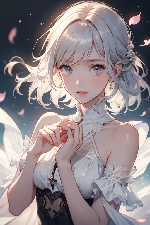 masterpiece, top quality, super detailed, high resolution, (realistic, photorealistic:1.37), excellent anatomy, beautiful 1 woman, (work of art), white hair, yellow eyes, white dress with white, long sleeves, beautiful and detailed face, detailed eyes, background in dark,(gray, white and blue theme), best light, best shadow, mysterious, perfect face, highly detailed,