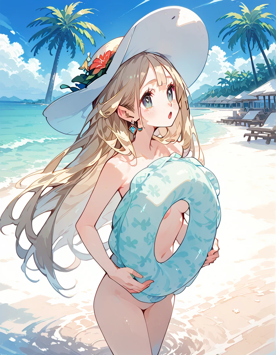score_9, score_8_up, score_7_up, source_anime, from behind, 1girl, solo, looking back, parted lips, wading, ass, <lora:mercedes-pdxl-nvwls-v1:1> sumMercie, blue eyes, low-tied long hair, hair over shoulder, sun hat, black bikini, frilled bikini, bracelet, water, splash