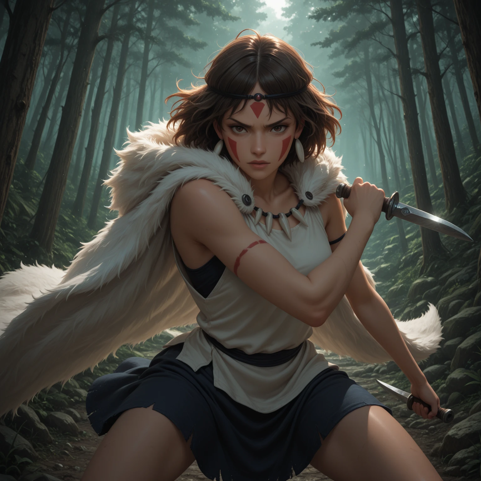 (masterpiece, top quality, best quality, official art, beautiful and aesthetic:1.2,photorealistic:1.4, ),<lora:more_details:1>,
<lora:ARWPrincessMononoke:1>, princessmononoke, AS-Younger, blood, threatening, scary,
<lora:ghibli_style_offset:1>,ghibli style, an \(mononoke hime\), 1girl, armlet, bangs, black hair, black undershirt, breasts, cape, circlet, earrings, facepaint, floating hair, forest, fur cape, green eyes, jewelry, looking at viewer, medium breasts, nature, necklace, outdoors, parted bangs, shirt, short hair:1.2, sleeveless, sleeveless shirt, solo, tooth necklace, tree, upper body, white shirt ,