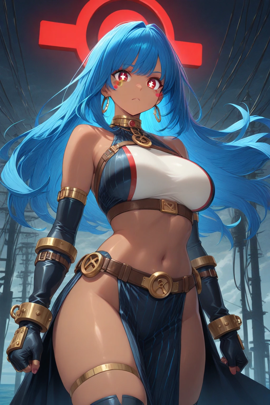 haveรายละเอียดมาก, clear, beautiful body, Beautiful nose, Beautiful character design, perfect eyes, perfect face, very high, 4k, Beautiful legs, perfect legs, good hand, perfect hand, Masterpiece, best quality, haveรายละเอียดสูง, illustration, nonsense, perfect anatomy, street fighter, doll set, Chadaloo Doll, doll set, expressionless, ดวงempty eyes, look at viewer, red gloves, Emotionless, black Latex, corruption, mind control, female warrior, full body, hypnotized, ความมึนงงที่ไม่haveความสุข, full body suit, ชุดบอดี้สูทแบบhaveจั๊ม, Both arms are at the sides., obey, perfect woman's body, extremely glossy Latex, hypnosis, Hipnolora, empty eyes, mind control device, Poses, give up_Pose, slave, stand straight, stand, stand at attention, have, necktie, belt, Latex, ชุดบอดี้สูทแบบhaveจั๊ม, thigh high, garter belt, fighting posture, Extend your right arm away from your shoulder into the air with your hand straight., soldier, Ankle boots, 1 girl, hair accessories, blue hair, My hair is very long., brown eyes, (((pixel perfect, perfect details))), alone, 1 girl, Nijo who?, Maken-ki!, mature, big breast