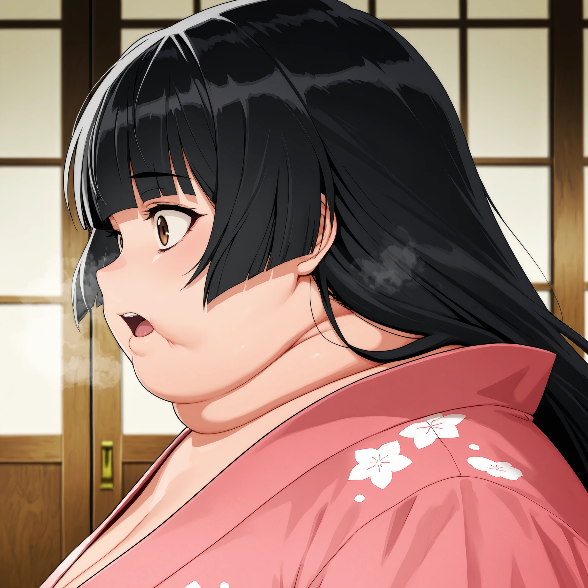 score_9, score_8_up, score_7_up, score_6_up, score_5_up, score_4_up, BREAK, source_anime, 1girl, kagomehigurashi, bangs, black hair, long hair, brown eyes, wearing a kimono
,masterpiece,best quality,amazing quality,bulging belly, fat, chubby, obese, open mouth, out of breath, absurdres, portrait, pov belly, straight-on, from side, swollen face, masterpiece, best quality, ultra-detailed, high resolution, 8K, 